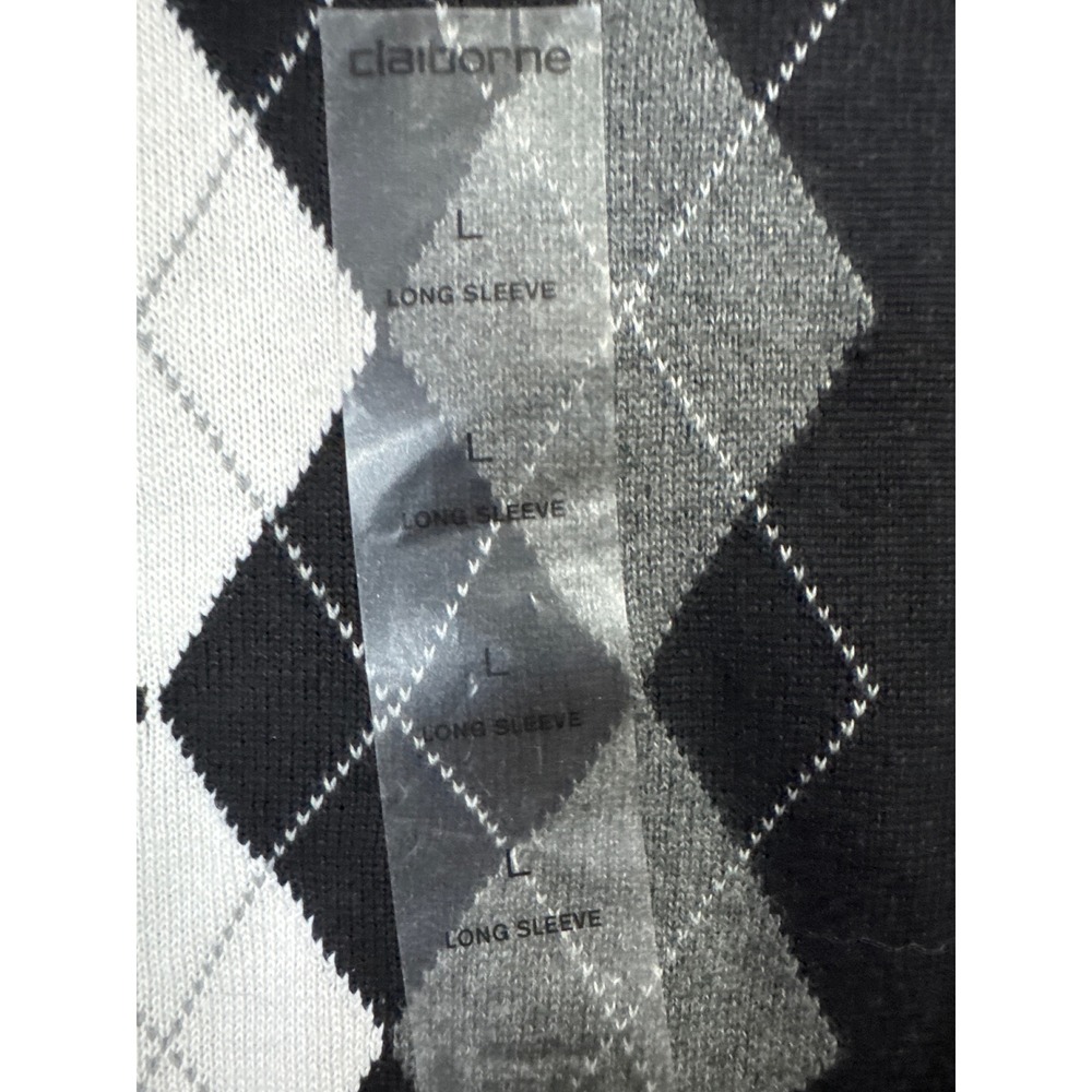 Claiborne Mens Argyle V-Neck Sweater Black Grey White Cotton Blend Pullover L - Picture 3 of 5